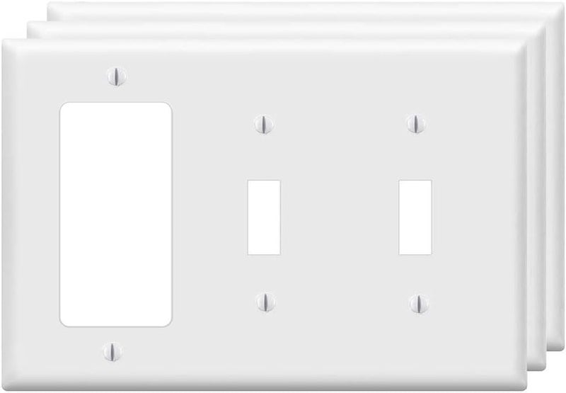 ZEFTV Combination Double Toggle/Single Decorator Rocker Outlet Light Switch Wall Plates 3-Gang Switch Electrical Cover Plate Unbreakable Thermoplastic Faceplate, White (3 Pack) - Image 1
